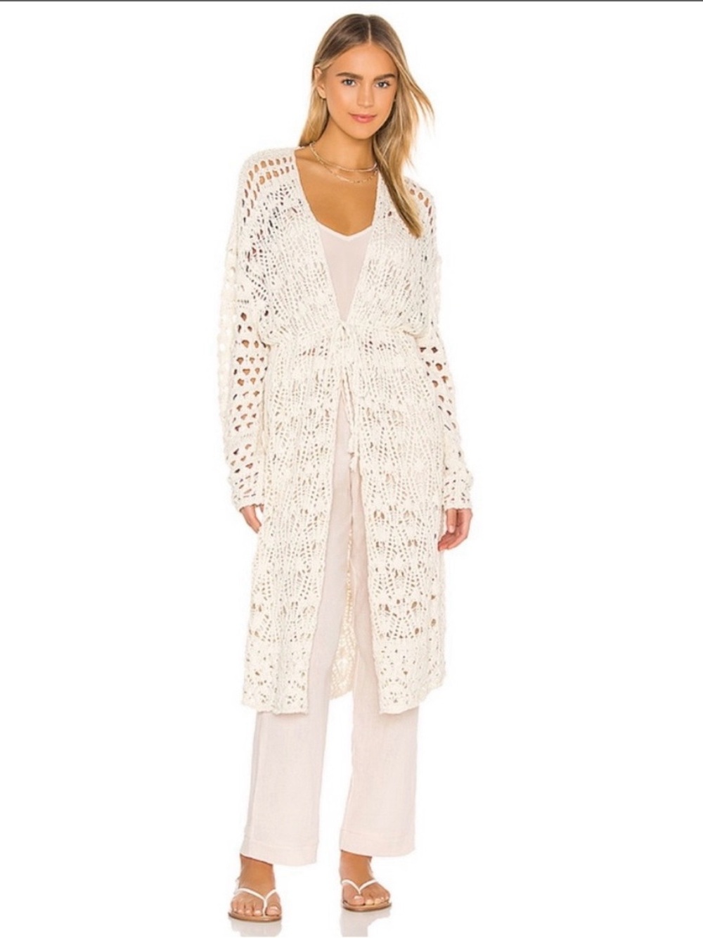 Free People Womens Small Sweet Talker Crochet Longline Cardigan Sweater Ivory